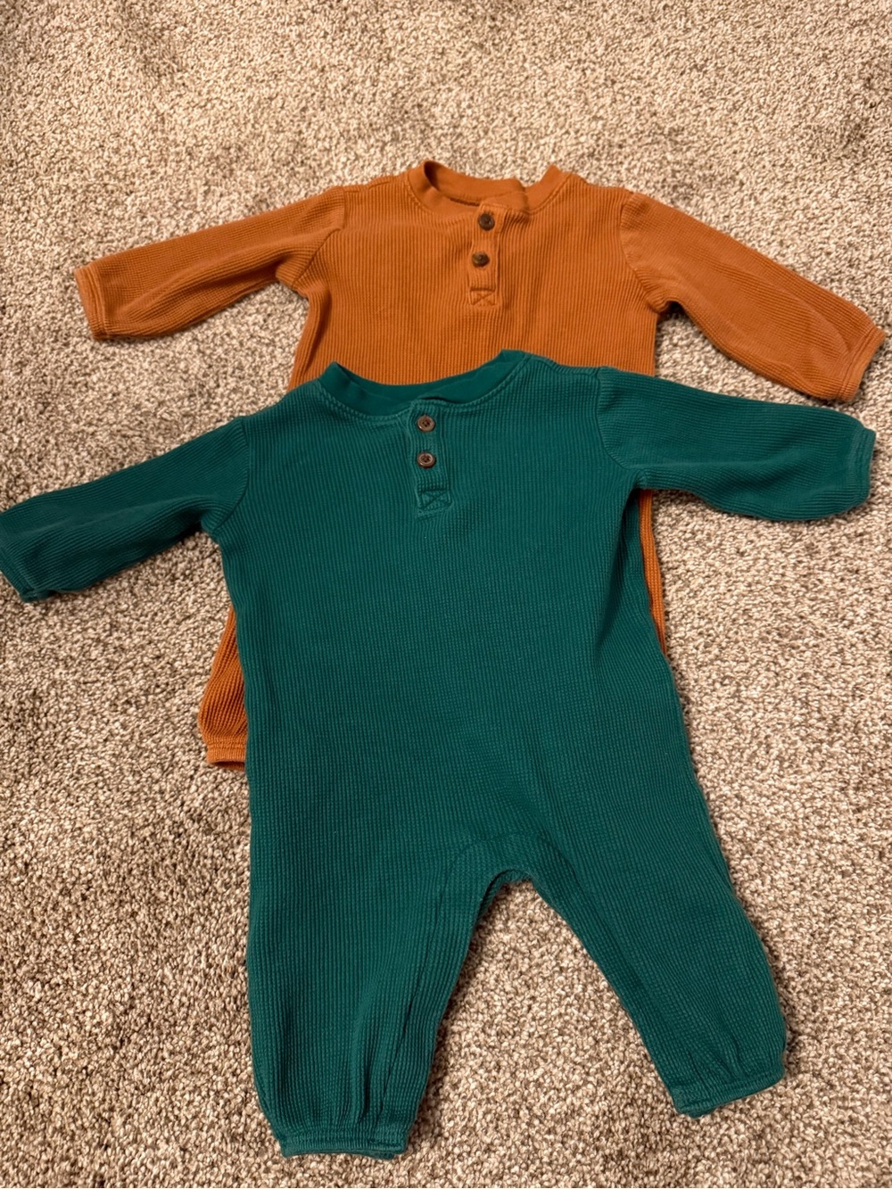 Set of 2 Kids Waffle Henley One-Piece Romper - Green & Rust